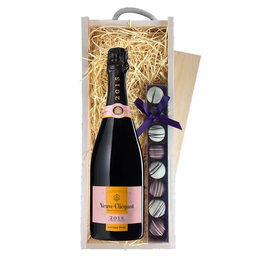 Veuve Clicquot Vintage Rose 2015 Champagne 75cl & Truffles, Wooden Box